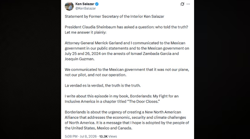 KEN SALAZAR ACLARA POSICIÓN ANTE SHEINBAUM SOBRE CASO MAYO