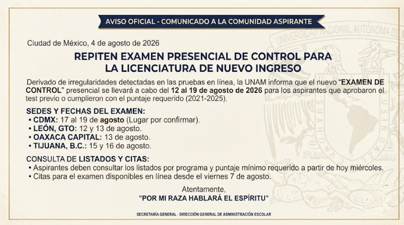 PRÓXIMA SEMANA HABRÁ REPETICIÓN DE EXAMEN EN LA CDMX Y 3 CIUDADES