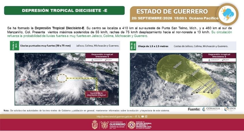 GUERRERO MANTIENE VIGILANCIA ANTE EVOLUCIÓN DE LA DEPRESIÓN TROPICAL DIECISIETE-E